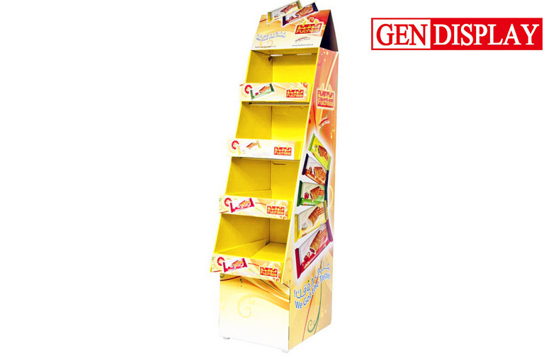 Soporte de exhibición de la cartulina del papel de los bocados FSDU con los estantes del amarillo 4